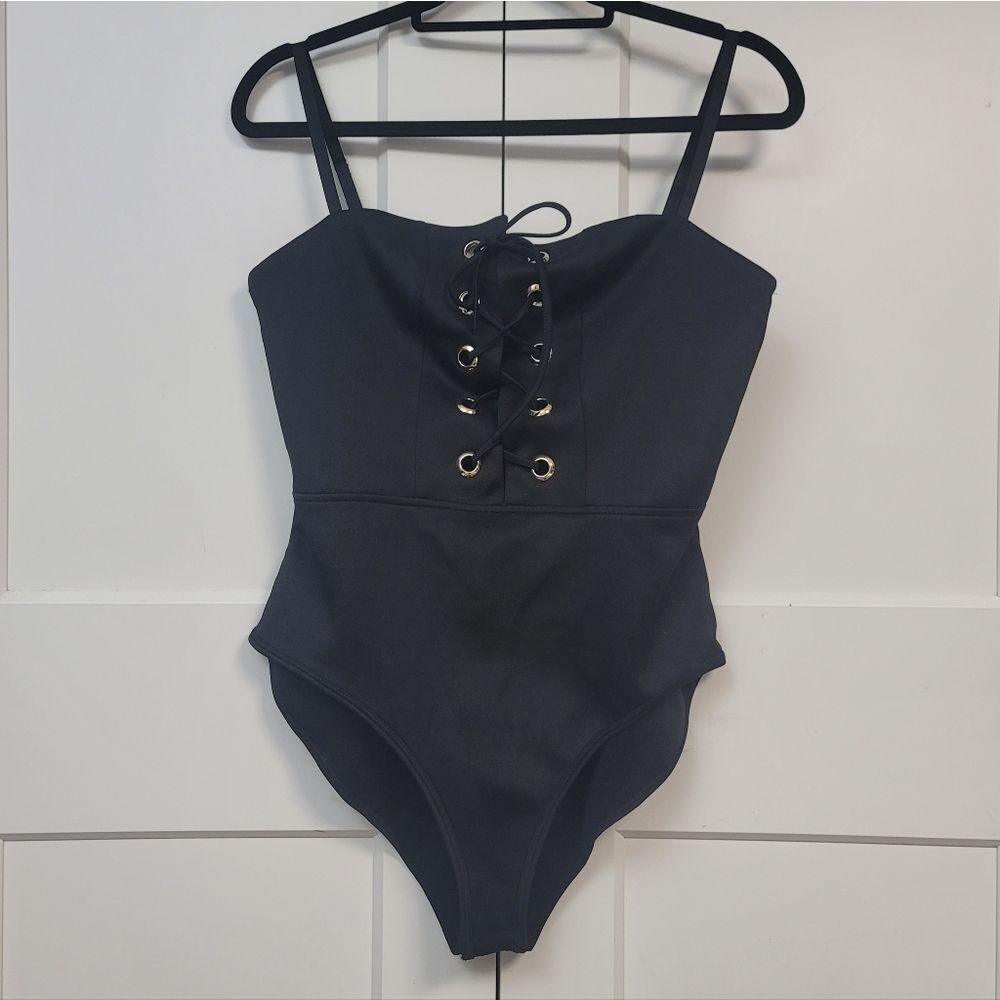 Active Basic USA Black Lace Up Grommet Bodysuit | Corset Front Square Neck